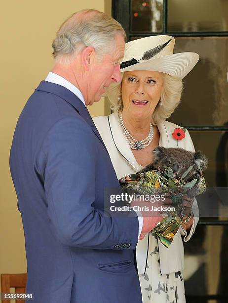 Prince Charles, Prince of Wales holds a koala called Kao whilst Camilla, Duchess of Cornwall holds a koala called Matilda at Government House on...