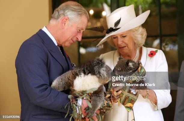 Camilla, Duchess of Cornwall and Prince Charles, Prince of Wales hold koalas at Government House on November 7, 2012 in Adelaide, Australia. The...