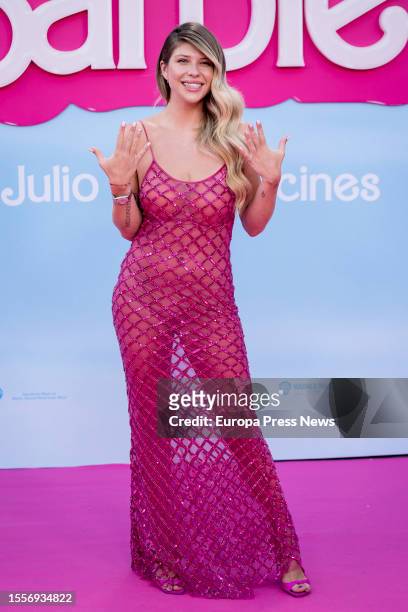 Ana Matamoros poses on the pink carpet for the special screening of the movie 'Barbie' at the Gran Teatro CaixaBank, on July 19 in Madrid The film...