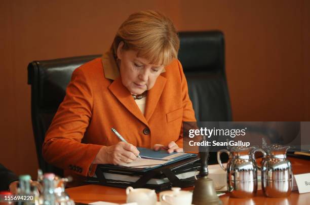 German Chancellor Angela Merkel arrives for the weekly German government cabinet meeting on November 7, 2012 in Berlin, Germany. Merkel is scheduled...