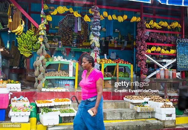Fruit and vegetables shop offering bananas, pineapples, grapes, potatoes on October 21, 2012 in Scarborough, Trinidad And Tobago.
