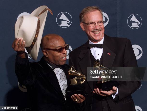 Drummer Roy Haynes and vibraphonist Gary Burton pose with their Grammy awards for Best Jazz Instrumental Performance, Individual or Group, for "Like...