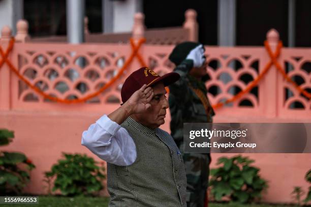 July 26 Drass Kashmir, India : Indian Union Defence Minister Rajnath Singh salute as pay tribute at war memorial during "Vijay Diwas" or Victory Day...