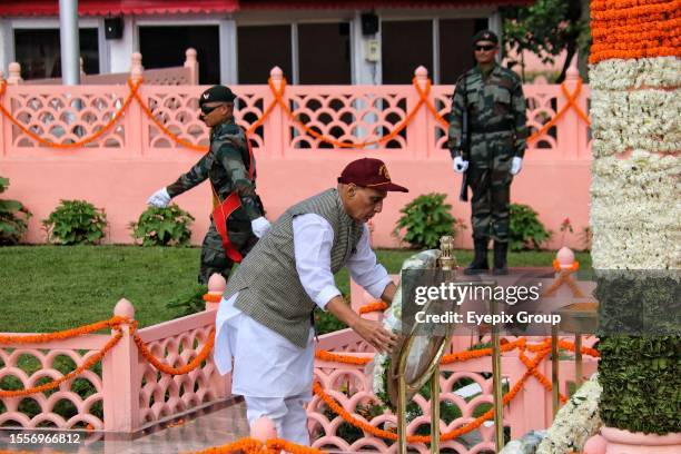 July 26 Drass Kashmir, India : Indian Union Defence Minister Rajnath Singh lays a wreath at a war memorial during "Vijay Diwas" or Victory Day...