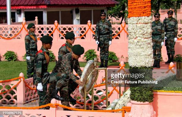 July 26 Drass Kashmir, India : Chief of Defence Staff of the Indian Armed Forces, General Anil Chauhan, lays a wreath at war memorial during "Vijay...