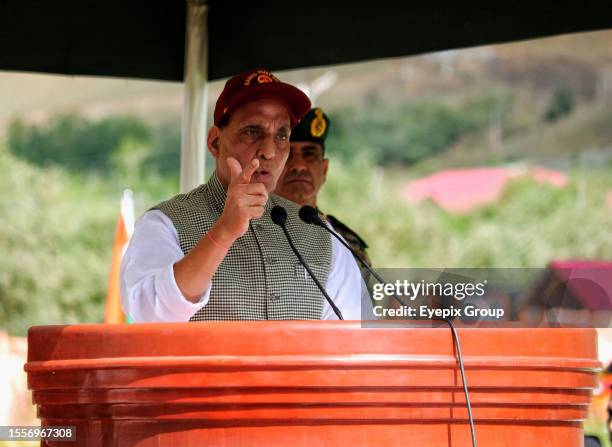 July 26 Drass Kashmir, India : Indian Union Defence Minister Rajnath Singh gesture while addressing a speech at war memorial during "Vijay Diwas" or...