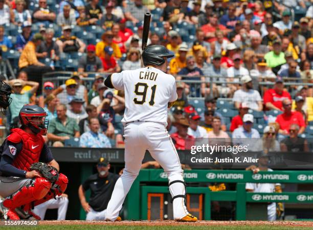 Ji Man Choi of the Pittsburgh Pirates in action against the Cleveland Guardians during inter-league play at PNC Park on July 19, 2023 in Pittsburgh,...