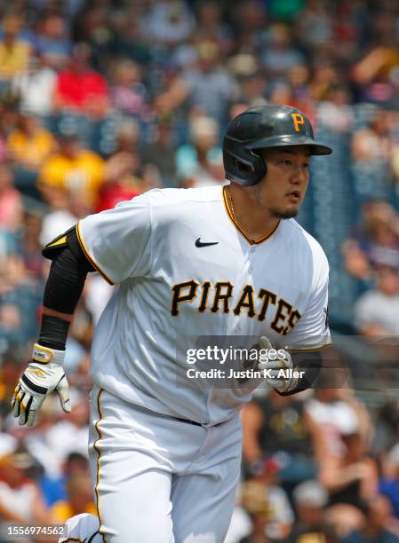 Ji Man Choi of the Pittsburgh Pirates in action against the Cleveland Guardians during inter-league play at PNC Park on July 19, 2023 in Pittsburgh,...