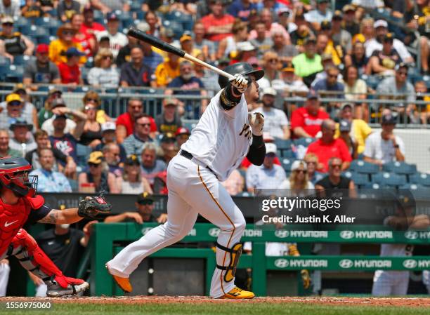 Ji Man Choi of the Pittsburgh Pirates in action against the Cleveland Guardians during inter-league play at PNC Park on July 19, 2023 in Pittsburgh,...