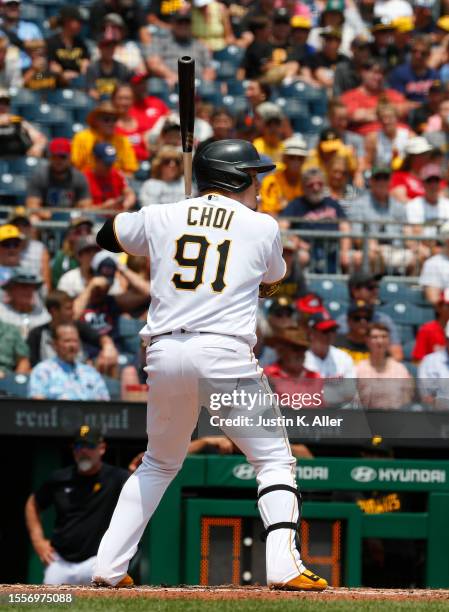 Ji Man Choi of the Pittsburgh Pirates in action against the Cleveland Guardians during inter-league play at PNC Park on July 19, 2023 in Pittsburgh,...