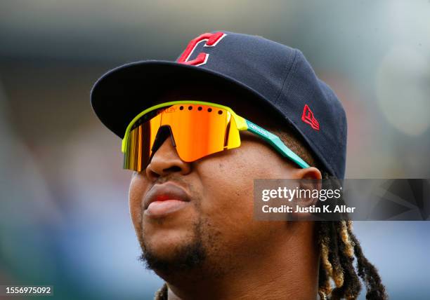 Jose Ramirez of the Cleveland Guardians look on against the Pittsburgh Pirates during inter-league play at PNC Park on July 19, 2023 in Pittsburgh,...