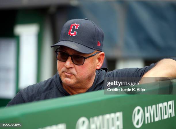 Terry Francona of the Cleveland Guardians in action against the Pittsburgh Pirates during inter-league play at PNC Park on July 19, 2023 in...