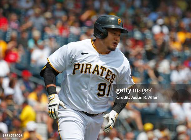 Ji Man Choi of the Pittsburgh Pirates in action against the Cleveland Guardians during inter-league play at PNC Park on July 19, 2023 in Pittsburgh,...