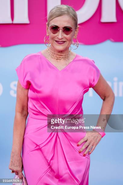 Cristina Cifuentes poses on the pink carpet for the special screening of the movie 'Barbie' at the Gran Teatro CaixaBank, on July 19 in Madrid The...