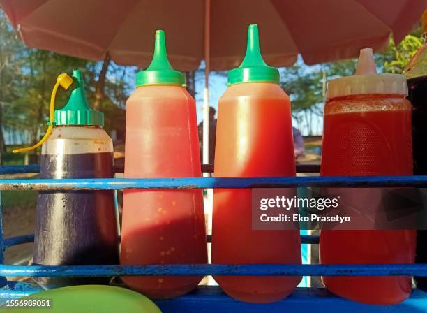 conical bottle filled with tomato sauce - peppercorn sauce stock pictures, royalty-free photos & images