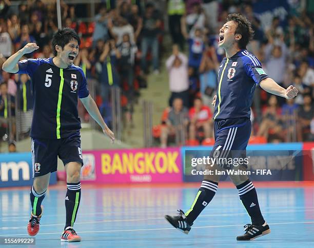 Nobuya Osodo of Japan celebrates scoring a goal during the FIFA Futsal World Cup Group C match between Japan and Libya at Indoor Stadium Huamark on...