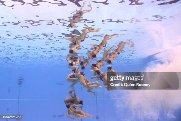 Members of Team Australia compete in the Artistic Swimming Mixed Team Free Preliminaries on day seven of the Fukuoka 2023 World Aquatics...