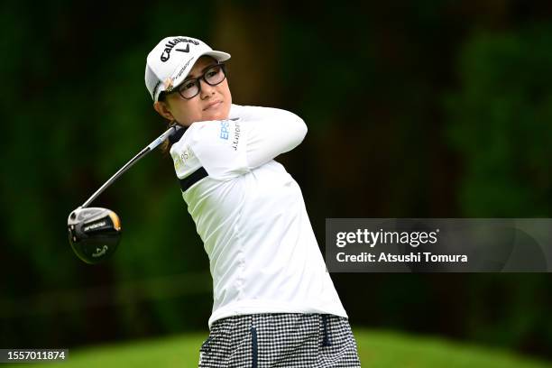 Sakura Yokomine of Japan hits her tee shot on the 3rd hole during the first round of DAITO KENTAKU eheyanet Ladies at the Queen's Hill Golf Club on...