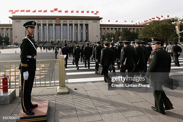 Chinese paramilitary policemen guard in front of the Great Hall Of The People on November 7, 2012 in Beijing, China. The18th National Congress of the...