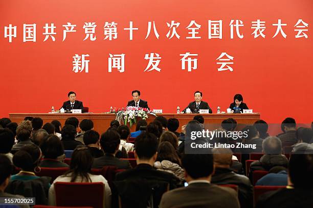 Cai Mingzhao, spokesman of the 18th CPC National Congress answers a question during a news conference at The Great Hall Of The People on November 7,...