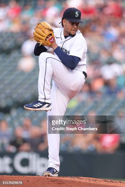 Luis Castillo of the Seattle Mariners pitches during the second inning against the Minnesota Twins at T-Mobile Park on July 19, 2023 in Seattle,...