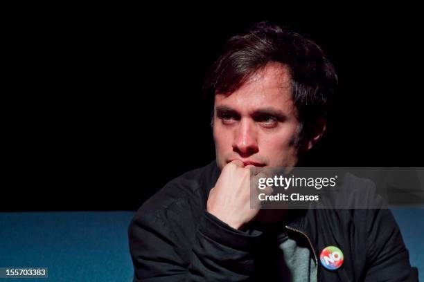 Gael Garcia Bernal looks at during the screening of the new film NO that he star in at the Universidad Iberoamericana on November 6, 2012 in Mexico...