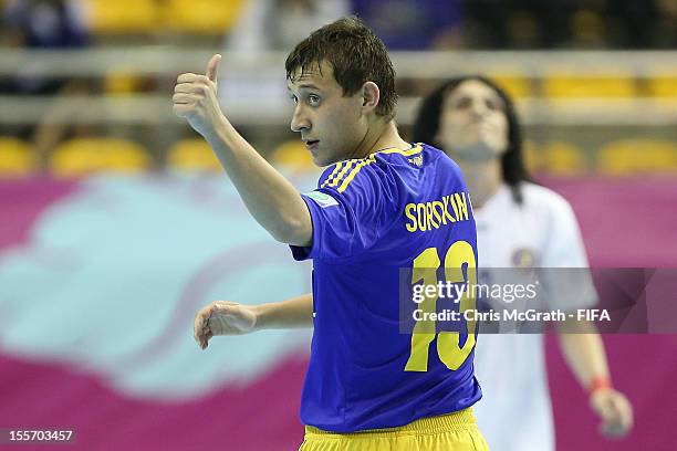 Oleksandr Sorokin of Ukraine celebrates scoring a goal against Costa Rica during the FIFA Futsal World Cup, Group A match between Costa Rica and...
