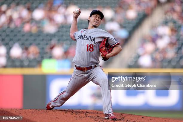 Kenta Maeda of the Minnesota Twins pitches during the first inning against the Seattle Mariners at T-Mobile Park on July 19, 2023 in Seattle,...