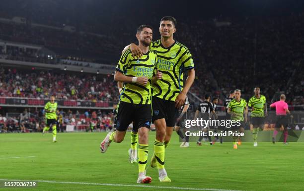 Jorginho of Arsenal celebrates with Kai Havertz after scoring their team's third goal during the MLS All-Star Game between Arsenal FC and MLS...