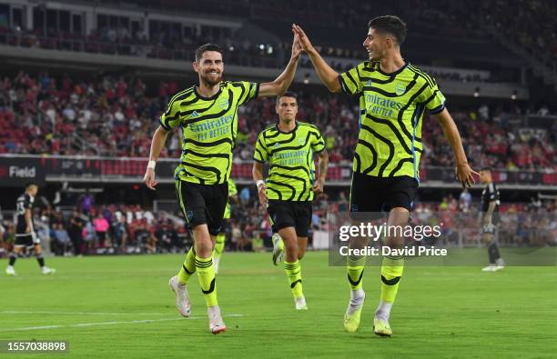 Jorginho of Arsenal celebrates with Kai Havertz after scoring their team's third goal during the MLS All-Star Game between Arsenal FC and MLS...