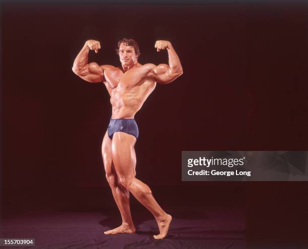 Portrait of Arnold Schwarzenegger posing during photo shoot. Los Angeles, CA 8/22/1974 CREDIT: George Long