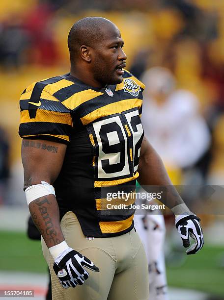 James Harrison of the Pittsburgh Steelers warms up prior to the game against the Washington Redskins on October 28, 2012 at Heinz Field in...