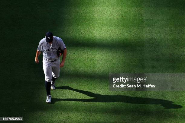 Carlos Rodon of the New York Yankees leaves the game during the fifth inning of a game Los Angeles Angels at Angel Stadium of Anaheim on July 19,...