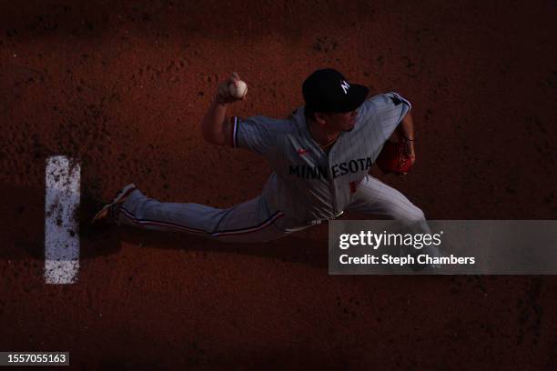 Kenta Maeda of the Minnesota Twins warms up in the bullpen before the game against the Seattle Mariners at T-Mobile Park on July 19, 2023 in Seattle,...