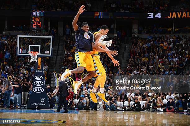 Kenneth Faried and JaVale McGee of the Denver Nuggets celebrate during the game against the Detroit Pistons on November 6, 2012 at the Pepsi Center...