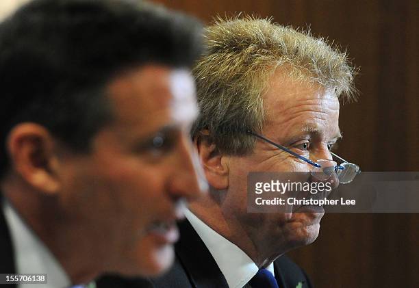 Lord Colin Moynihan listen's to thje New BOA Chairman, Lord Seb Coe as he talks to the media during the BOA Announcement of Their New Chairman Lord...