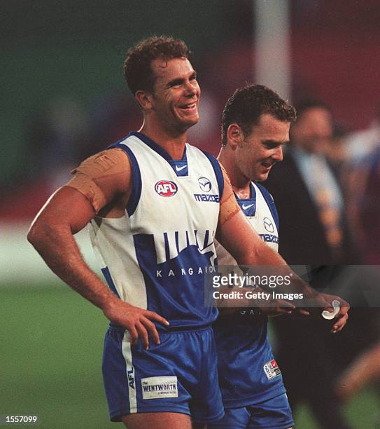 Wayne Carey and captain of the Kangaroos looks happy after a strong comeback against Brisbane to win the match between The Kangaroos and Brisbane at...