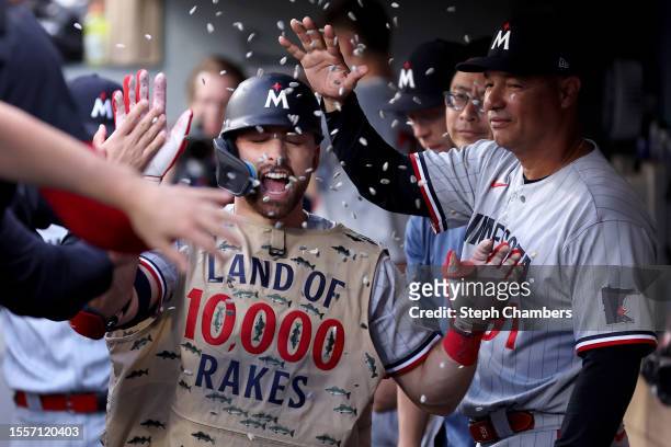 Edouard Julien of the Minnesota Twins celebrates his home run during the fifth inning against the Seattle Mariners at T-Mobile Park on July 19, 2023...