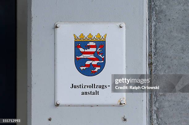 Sign 'Justizvollzugsanstalt' 'Prison' is pictured at the JVA Weiterstadt prison, where accused Russian spy with the alias Andreas Anschlag is being...