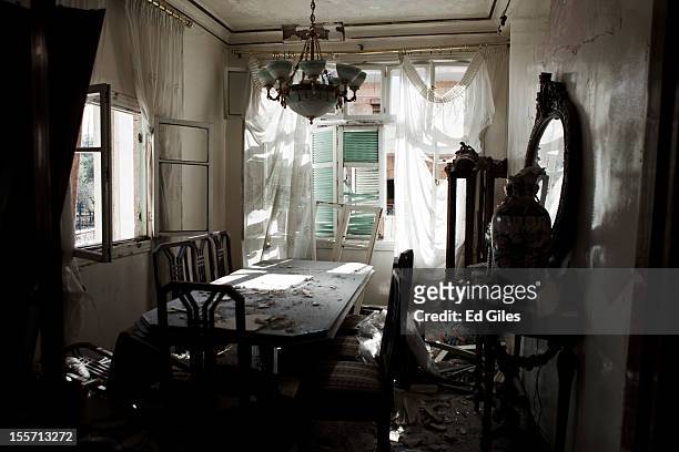 Debris litters an apartment on the front line damaged in recent fighting between positions held by the Free Syrian Army and Syrian Military near the...