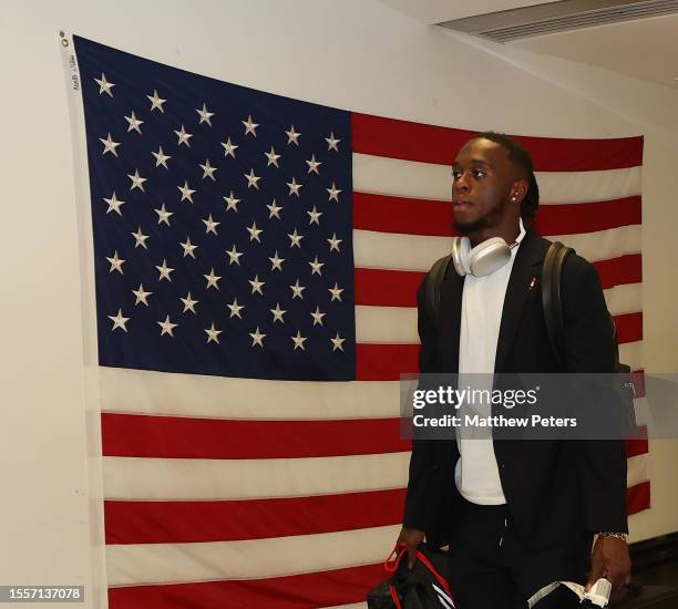 Aaron Wan-Bissaka of Manchester United arrives after their flight to the USA for their pre-season tour on July 19, 2023 in New York, United States.