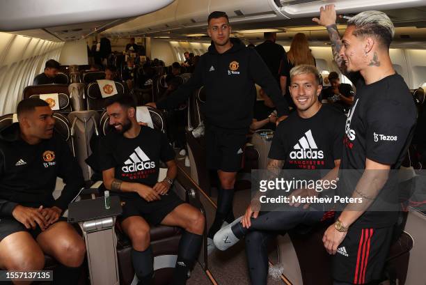 Casemiro, Bruno Fernandes, Diogo Dalot, Lisandro Martinez, Antony of Manchester United checks in ahead of their flight to the USA for their...