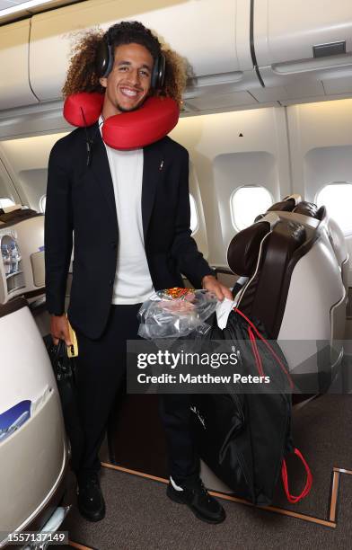 Hannibal Mejbri of Manchester United checks in ahead of their flight to the USA for their pre-season tour on July 19, 2023 in Edinburgh, Scotland.