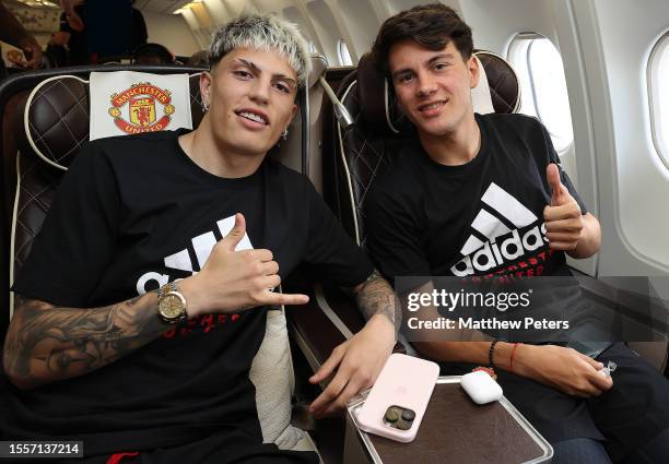 Alejandro Garnacho, Facundo Pellistri of Manchester United checks in ahead of their flight to the USA for their pre-season tour on July 19, 2023 in...