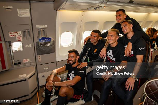 Bruno Fernandes, Casemiro, Lisandro Martinez, Diogo Dalot, Antony of Manchester United checks in ahead of their flight to the USA for their...