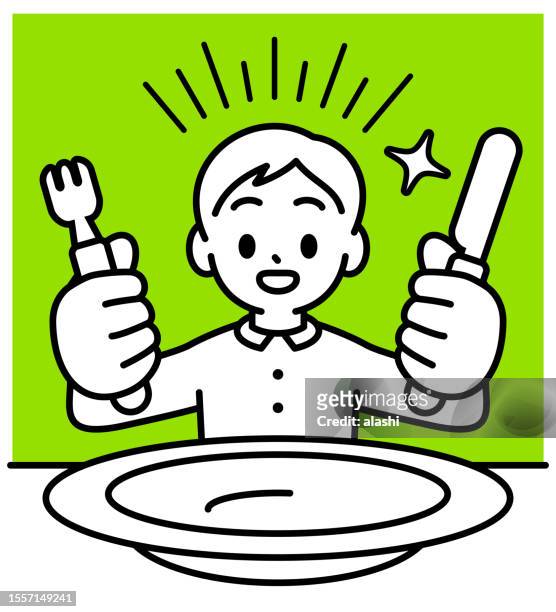 illustrations, cliparts, dessins animés et icônes de un garçon tenant une fourchette et un couteau, assis à un repas, devant une grande assiette vide, regardant le spectateur, style minimaliste, contour noir et blanc - enfant asie regardant l'objectif une seule personne