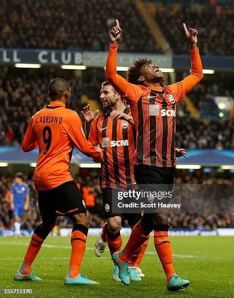 Willian of Shakhtar Donetsk celebrates after scoring their first goal during the Champions League match between Chelsea and Shakhtar Donetsk at...