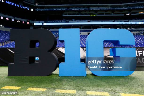 The B1G logo on display during the Big Ten Conference Media Days on July 26, 2023 at Lucas Oil Stadium in Indianapolis, IN.