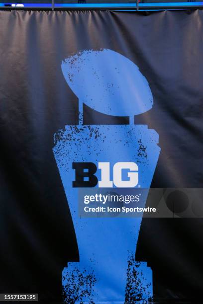 The B1G Championship logo on display during the Big Ten Conference Media Days on July 26, 2023 at Lucas Oil Stadium in Indianapolis, IN.