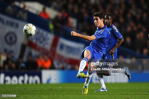 Oscar of Chelsea scores from long range during the UEFA Champions League Group E match between Chelsea and Shakhtar Donetsk at Stamford Bridge on...